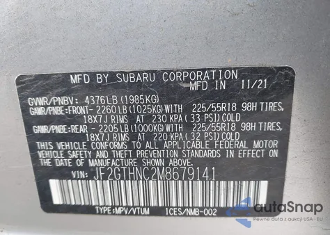 2021 Subaru Crosstrek Limited из США, поврежденный, VIN JF2GTHNC2M8679141